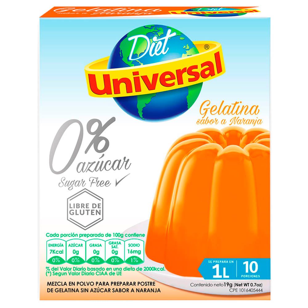 Gelatina UNIVERSAL Sabor a Naranja sin Azúcar Caja 19g plazaVea
