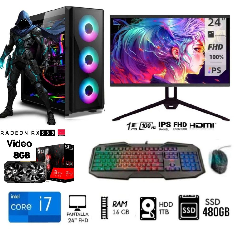 Computadora PC Gamer Core I7 3.2 GHZ RAM 16GB DISCO 1TB SSD 480GB VIDEO RX 550 4GB MONITOR 24""