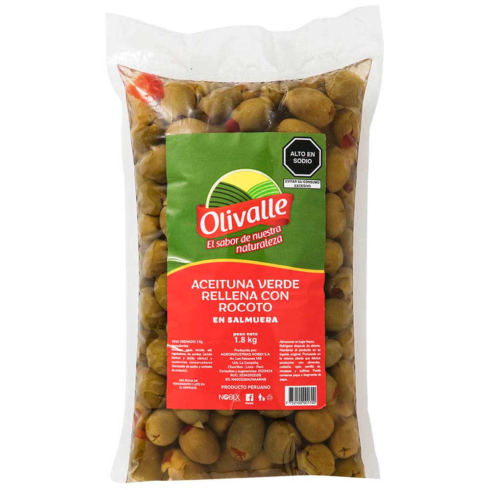 Aceituna Verde OLIVALLE Relleno con Rocoto Bolsa 1kg