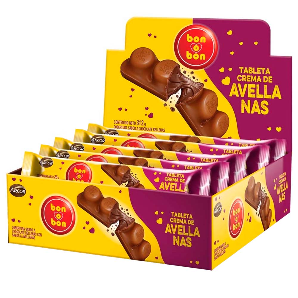 Tableta de Chocolate BON O BON Crema de Avellana Display 12un