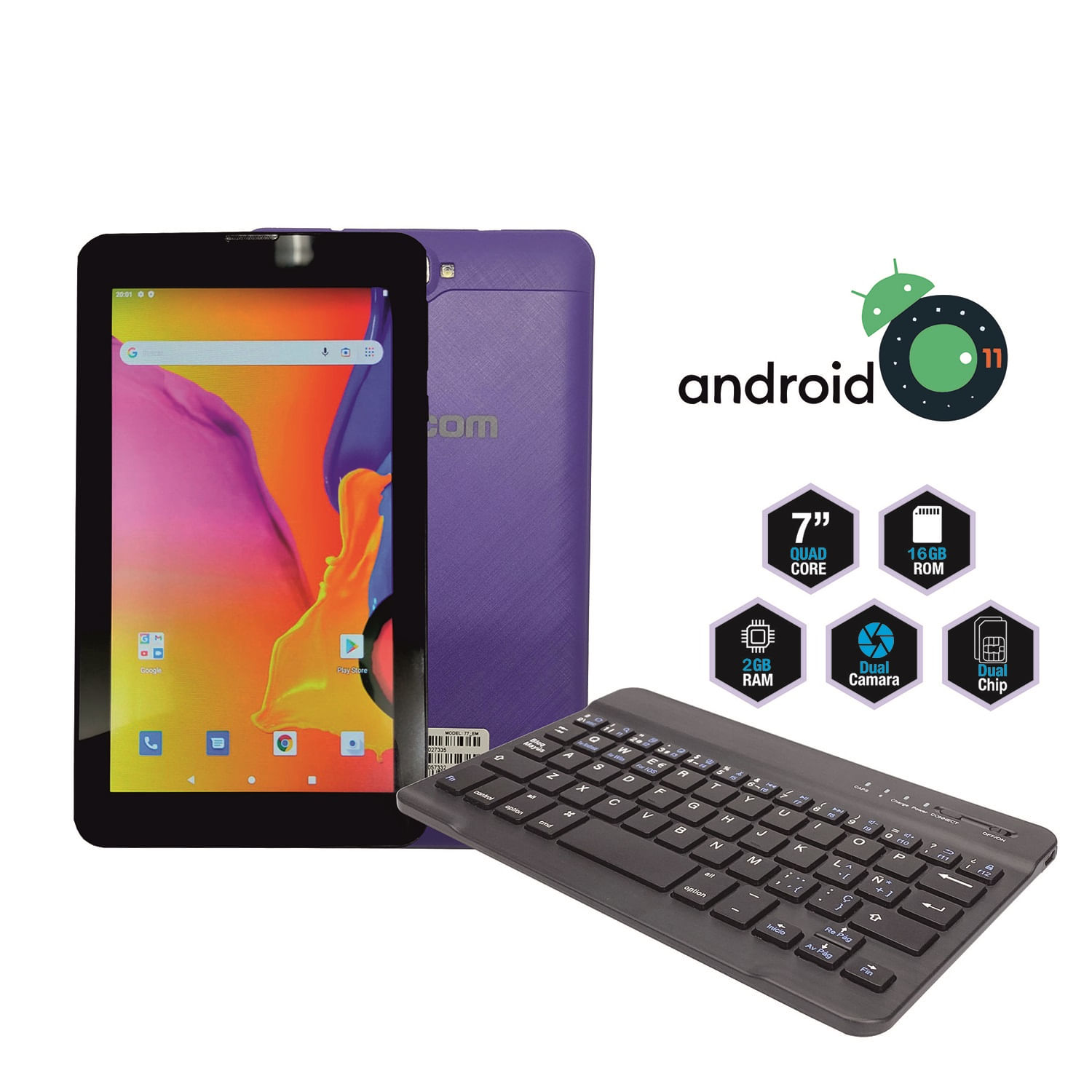 Tablet 7 Teclado Telcom 3G Quadcore 16GB 2GB 77 EM - Morado