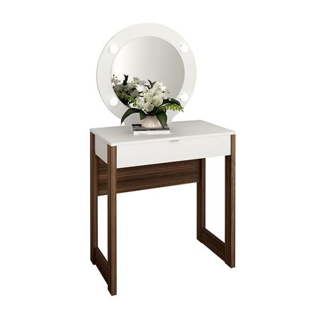 Tocador Charlotte 1 Cajón con Espejo Melamina Blanco/Nogal Bonno