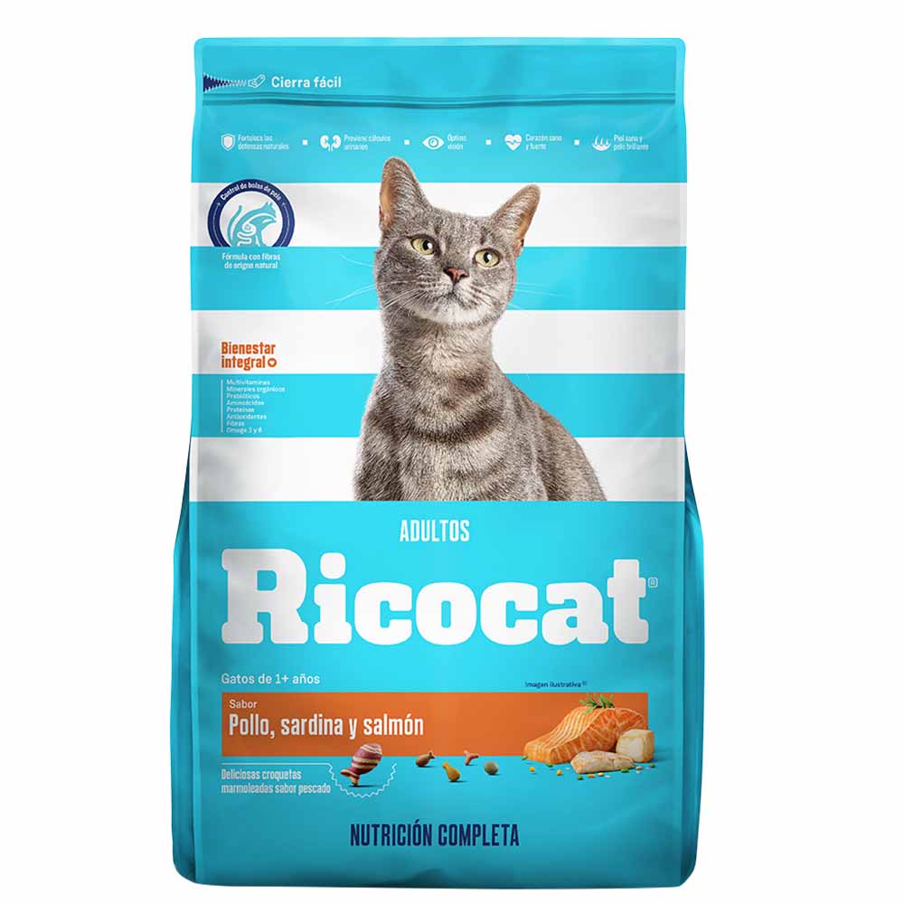 Alimento para Gato RICOCAT Adulto Sabor Pollo, Sardina y Salmón Bolsa 15Kg