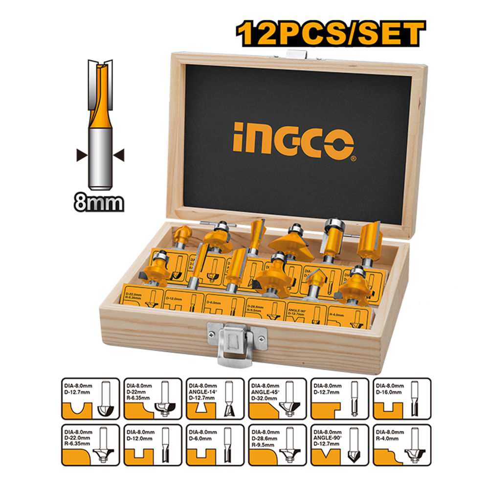 SET 12 FRESAS PARA RUTEADORA INGCO 8MM AKRT1211