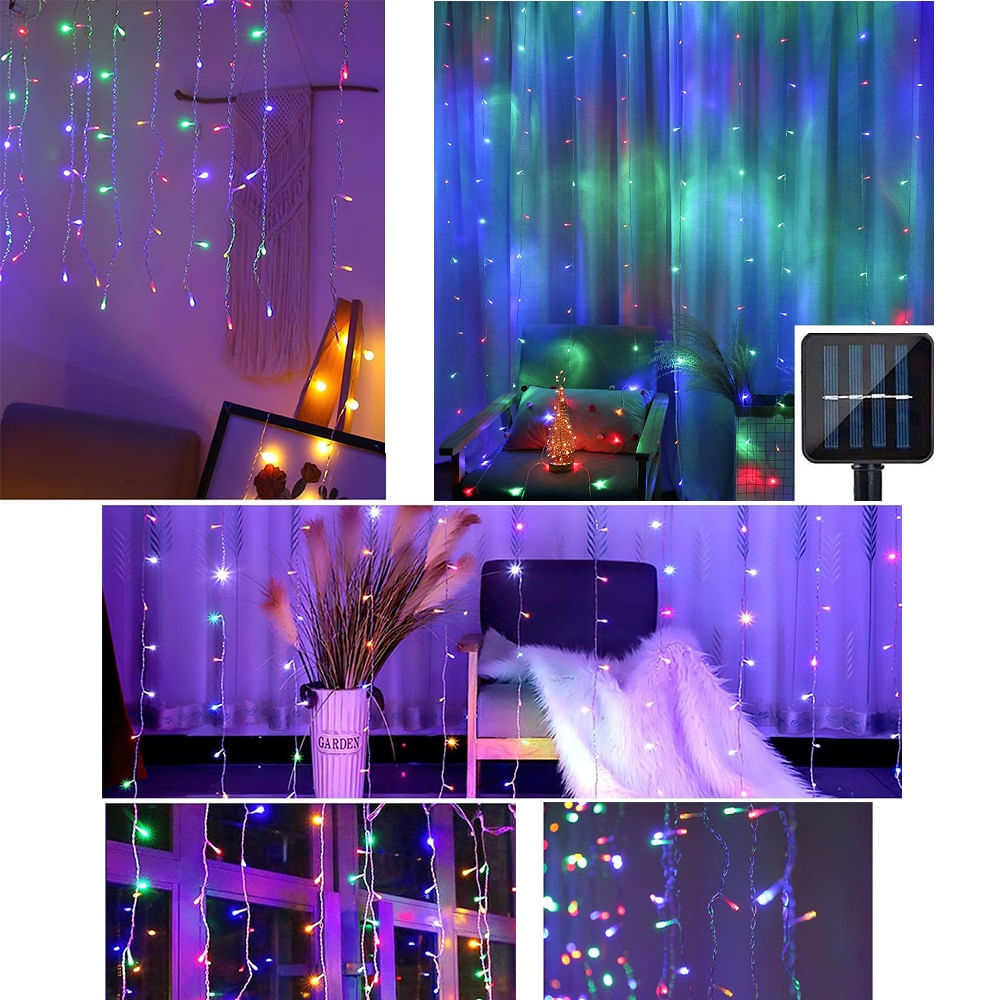 Cascada de Luces Led con Panel Solar Cortina 3mts x 3mts Multicolor