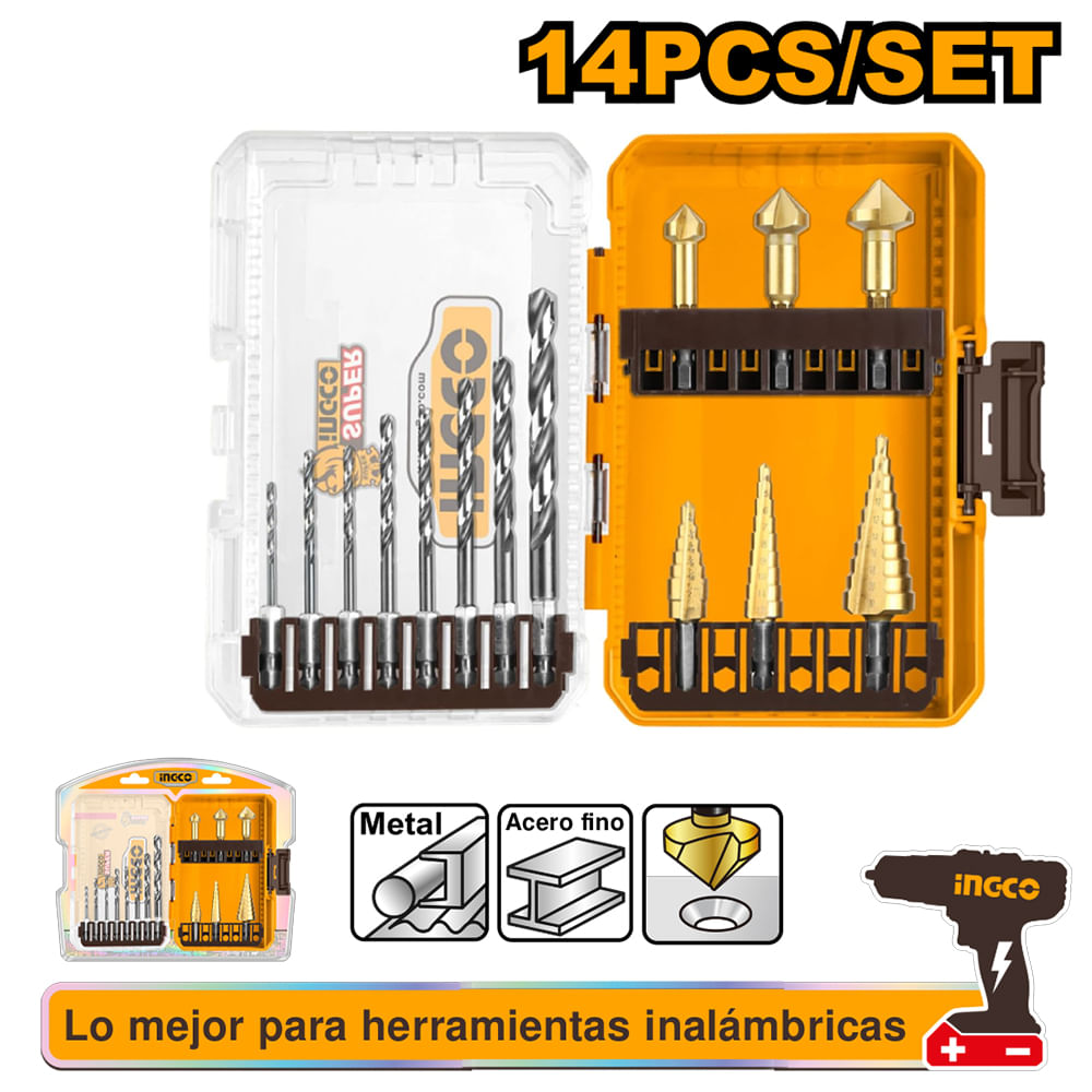 Set de 14 Brocas HSS y Brocas Escalonadas Ingco AKDL61401
