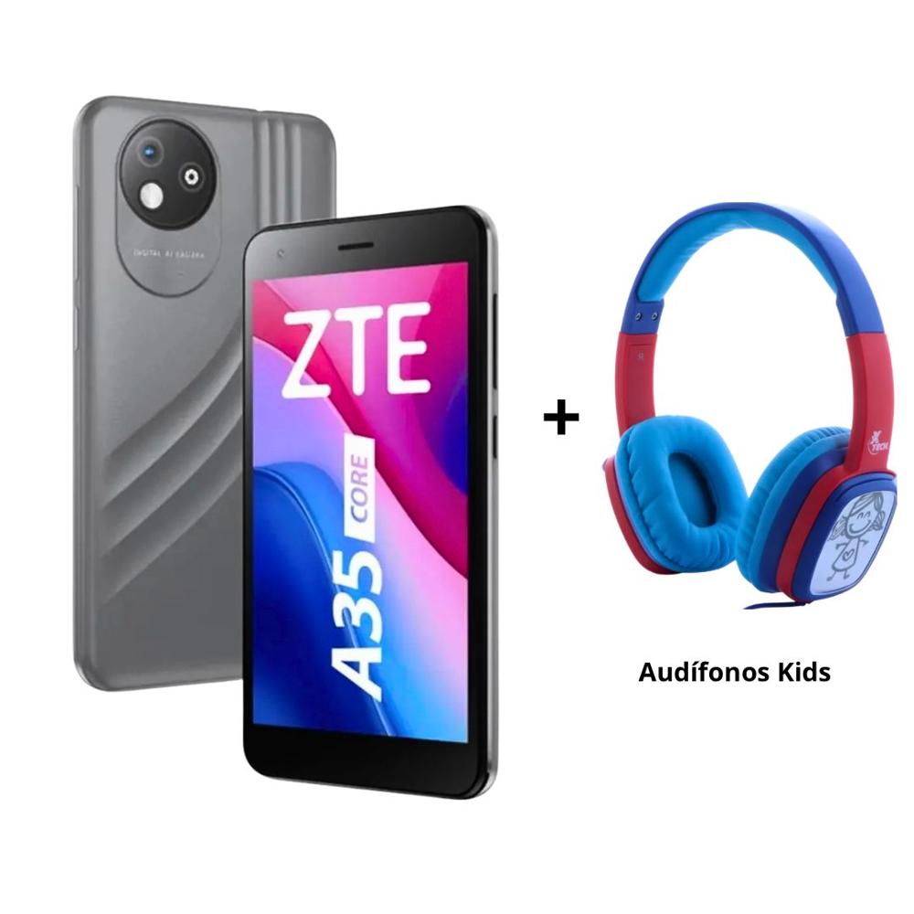 Pack Celular ZTE Blade A35 Core Gris + Audífonos Xtech SoundArt Kid Azul