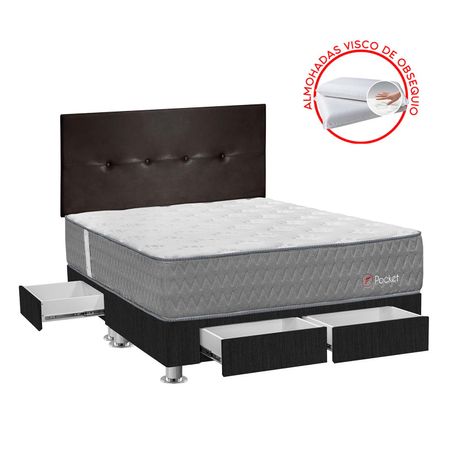 Dormitorio Forli Pocket Con 4 Cajones Queen + Cabecera Alicia + 2 Almohadas + 1 Protector