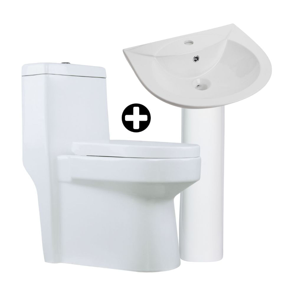 COMBO Orange: Inodoro Cerámico One Piece Antártico Brillante + Lavatorio Ovalado Índigo Blanco + Pedestal Standard Blanco