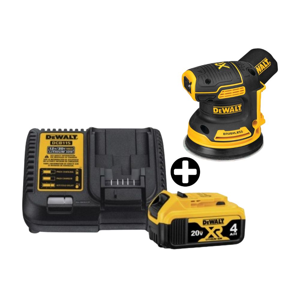 COMBO Dewalt: Lijadora Roto Orbital 5" 20V BRUSHLESS DCW210B + Batería 20V Modelo DCB204K3 con Cargador DCB1104
