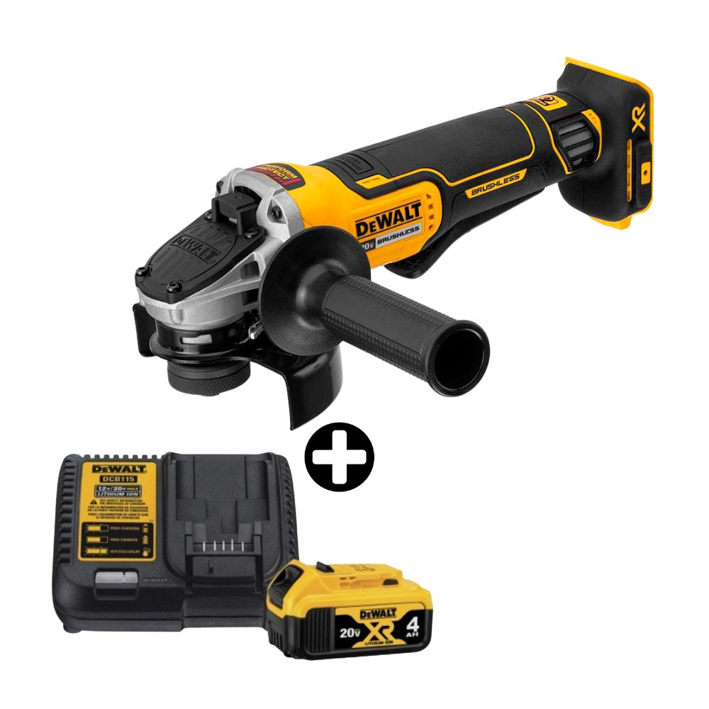 COMBO Dewalt: Amoladora Angular 4-1/2" 20V BRUSHLESS DCG413B + Batería 20V Modelo DCB204K3 con Cargador DCB1104
