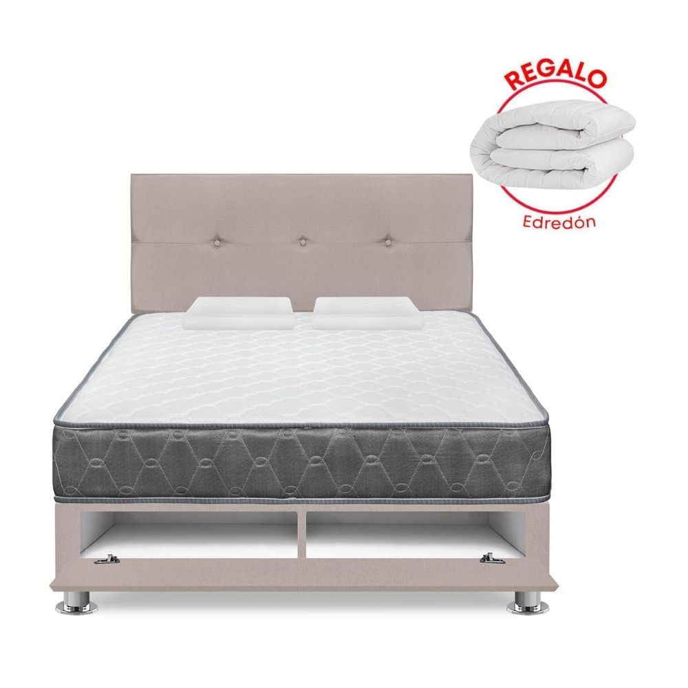 Cama Forli Sabanera Beige Acqua 2 Plazas + Cabecera + Edredón