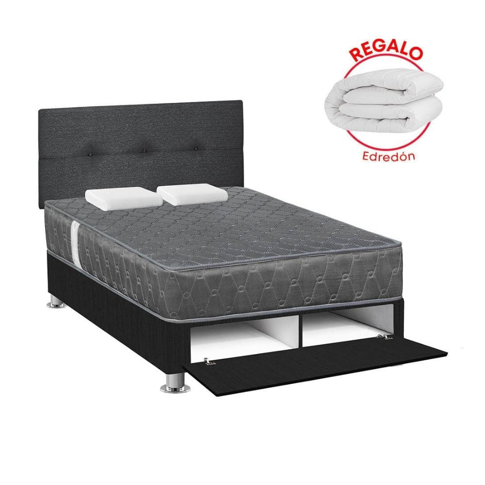 Cama Forli Sabanera Acqua Gris 2 Plazas + Cabecera + Edredón