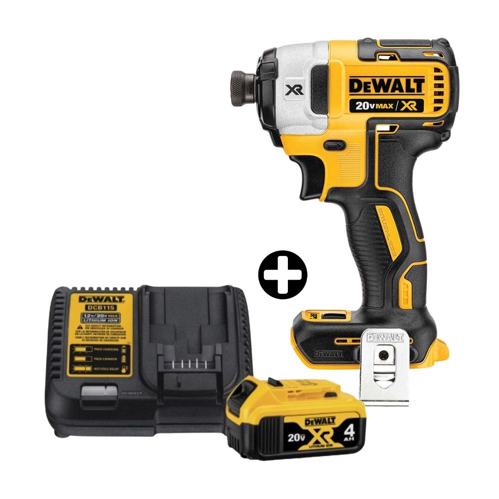 COMBO Dewalt: Atornillador de Impacto 1/4" 20V BRUSHLESS DCF887B + Batería 20V Modelo DCB204K3 con Cargador DCB1104