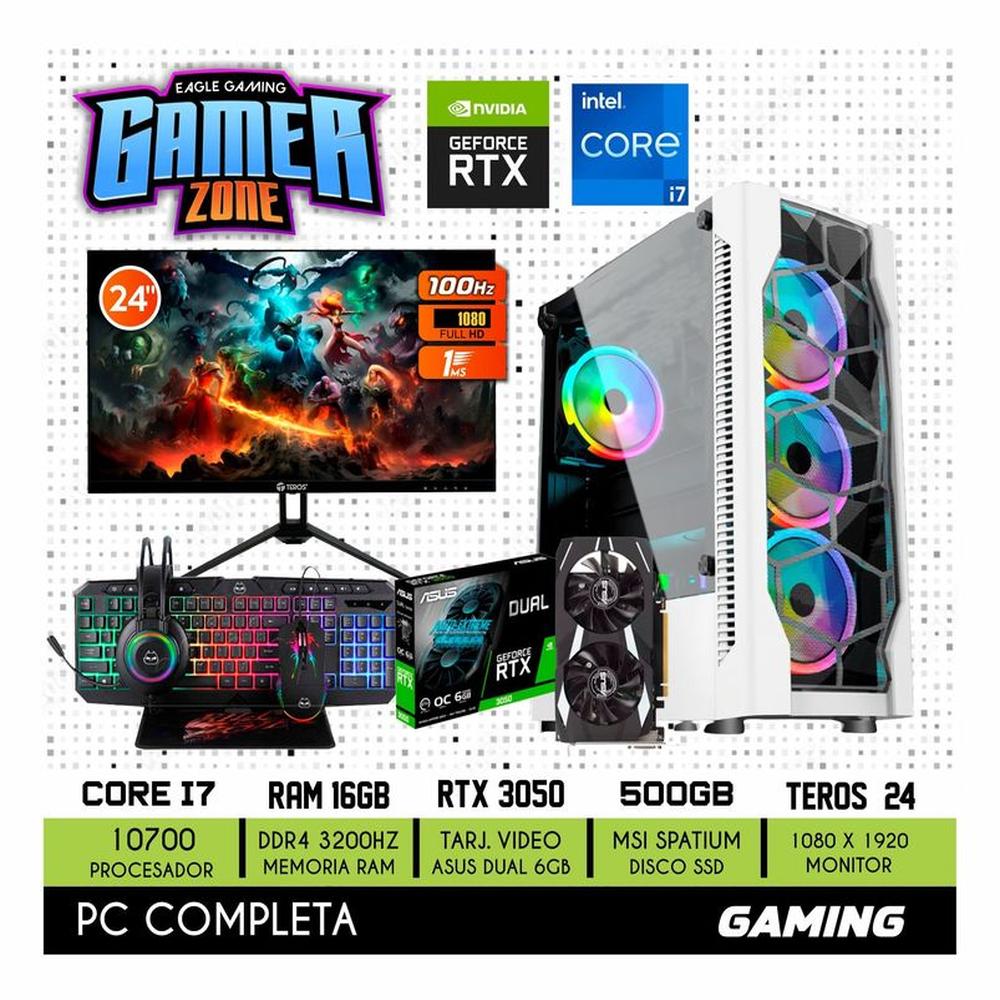 COMPUTADORA PC GAMER INTEL CORE I7 10700F 16GB 500GB RTX 3050 6GB MONITOR 24 FHD