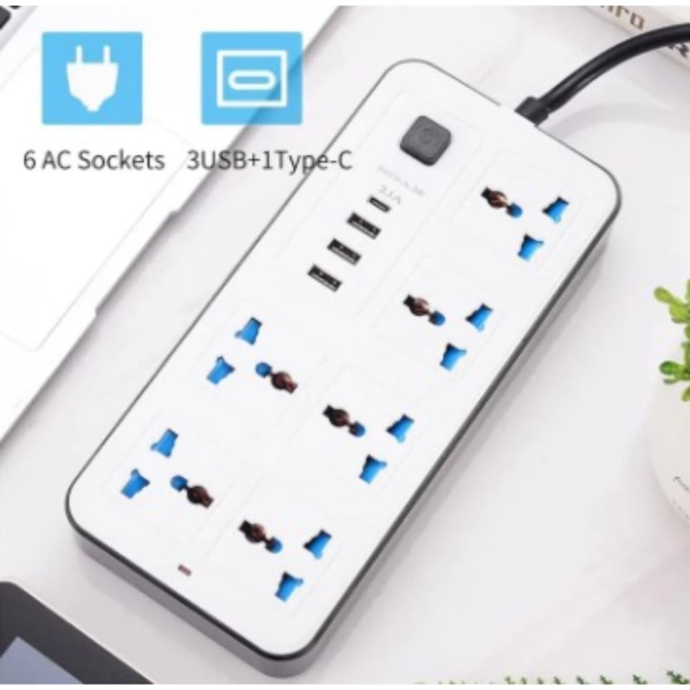 Enchufe Tomacorriente Múltiple Universal 6 Tomas + 3 Puertos USB + 1 Tipo C