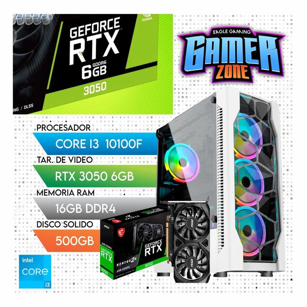 Computadora PC GAMER Core i3 10100F - RAM 16GB-SSD 500GB - VIDEO RTX 3050 6GB