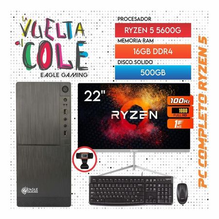 Computadora PC GAMER RYZEN 5 5600G RAM 16GB SSD 500GB Monitor 22 KIT LOGITECH