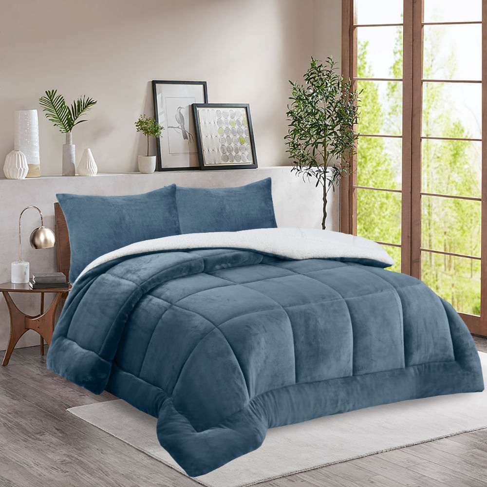 Edredon Pv26 Flannel Sherpa V1/V4 Azul 2 Plazas.