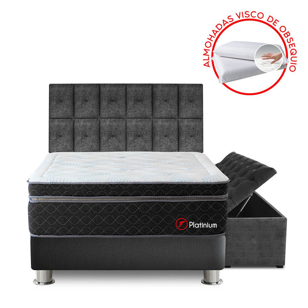 Juego de Dormitorio Forli Platinium King Tapizado + Baúl + Protector + Almohada