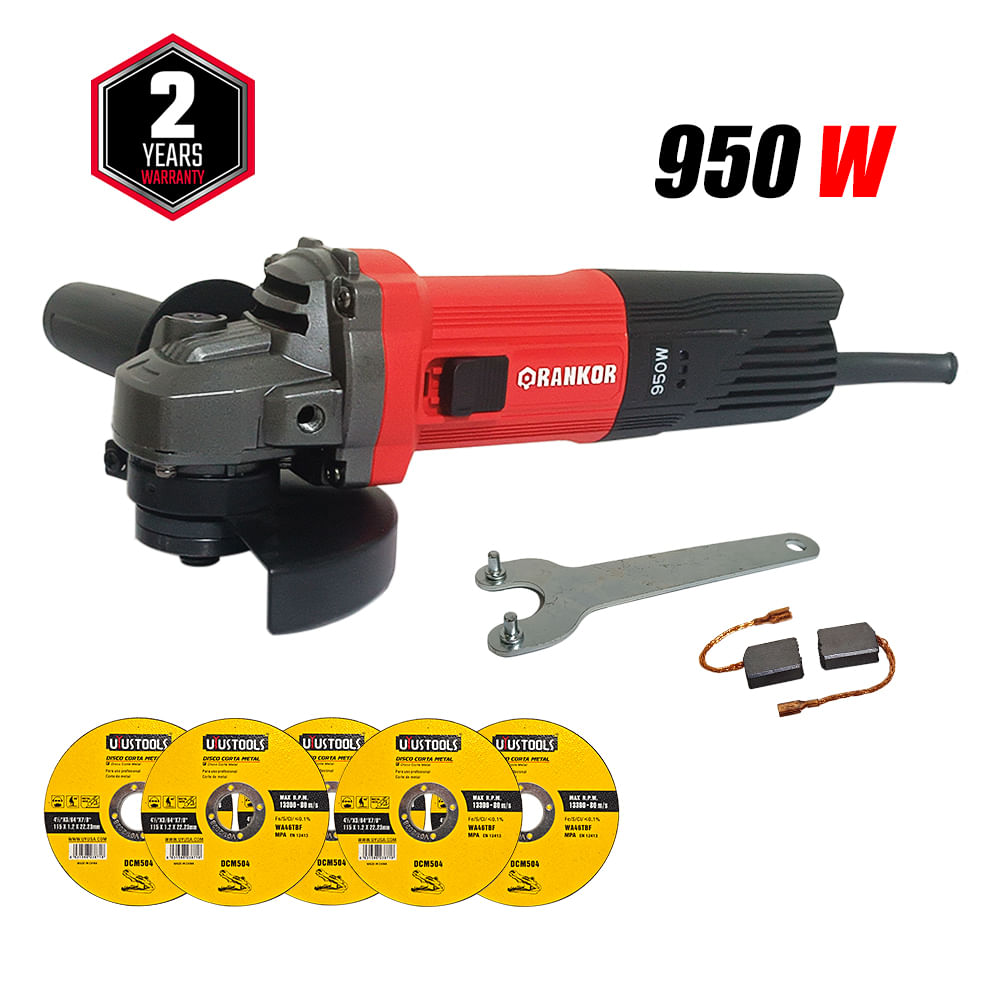 Amoladora Esmeril Angular Industrial 115mm Rankor RAG950401 950W 11000rpm y 5 Discos Corte Metal