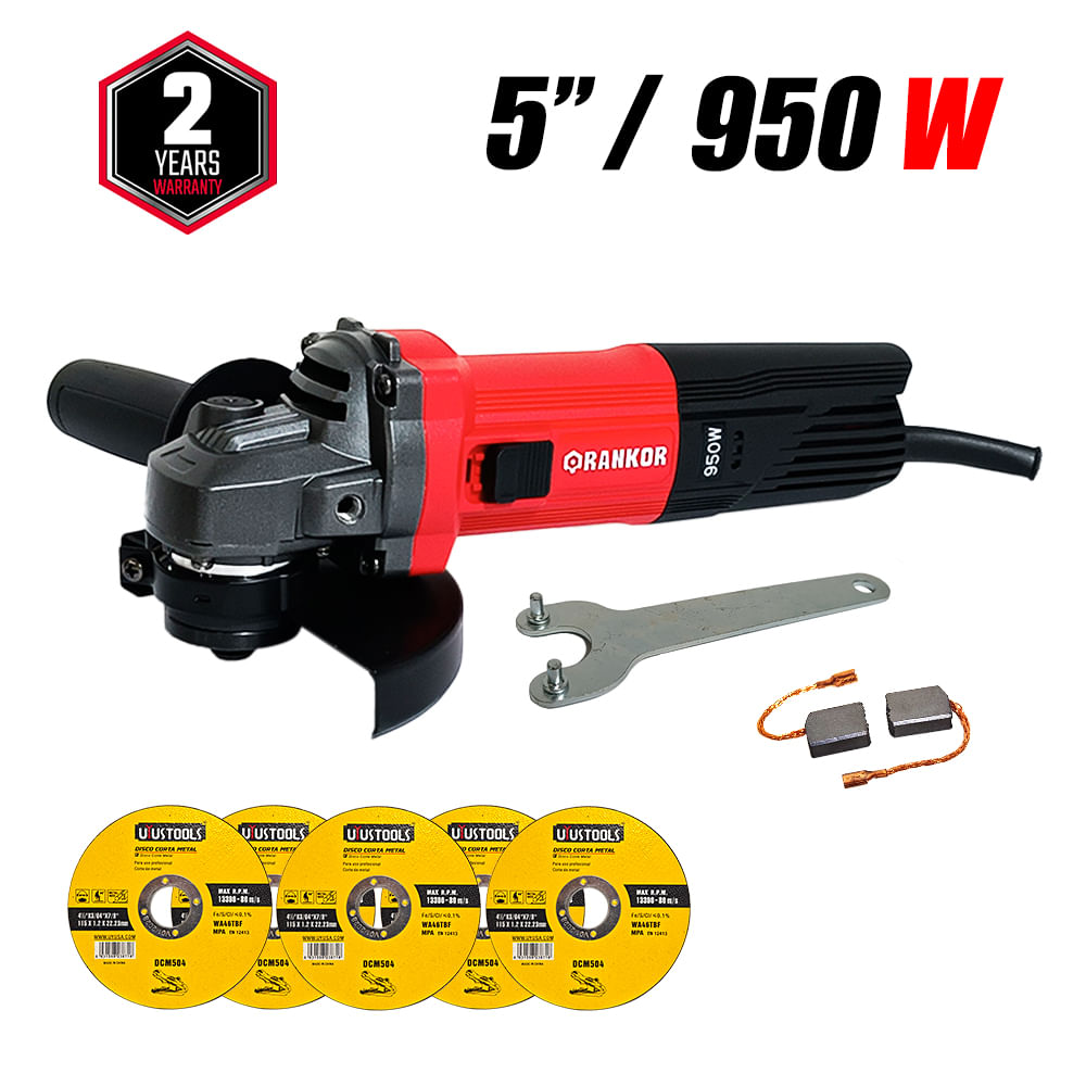 Amoladora Esmeril Angular Industrial 125mm Rankor RAG950501 950W 11000rpm y 5 Discos