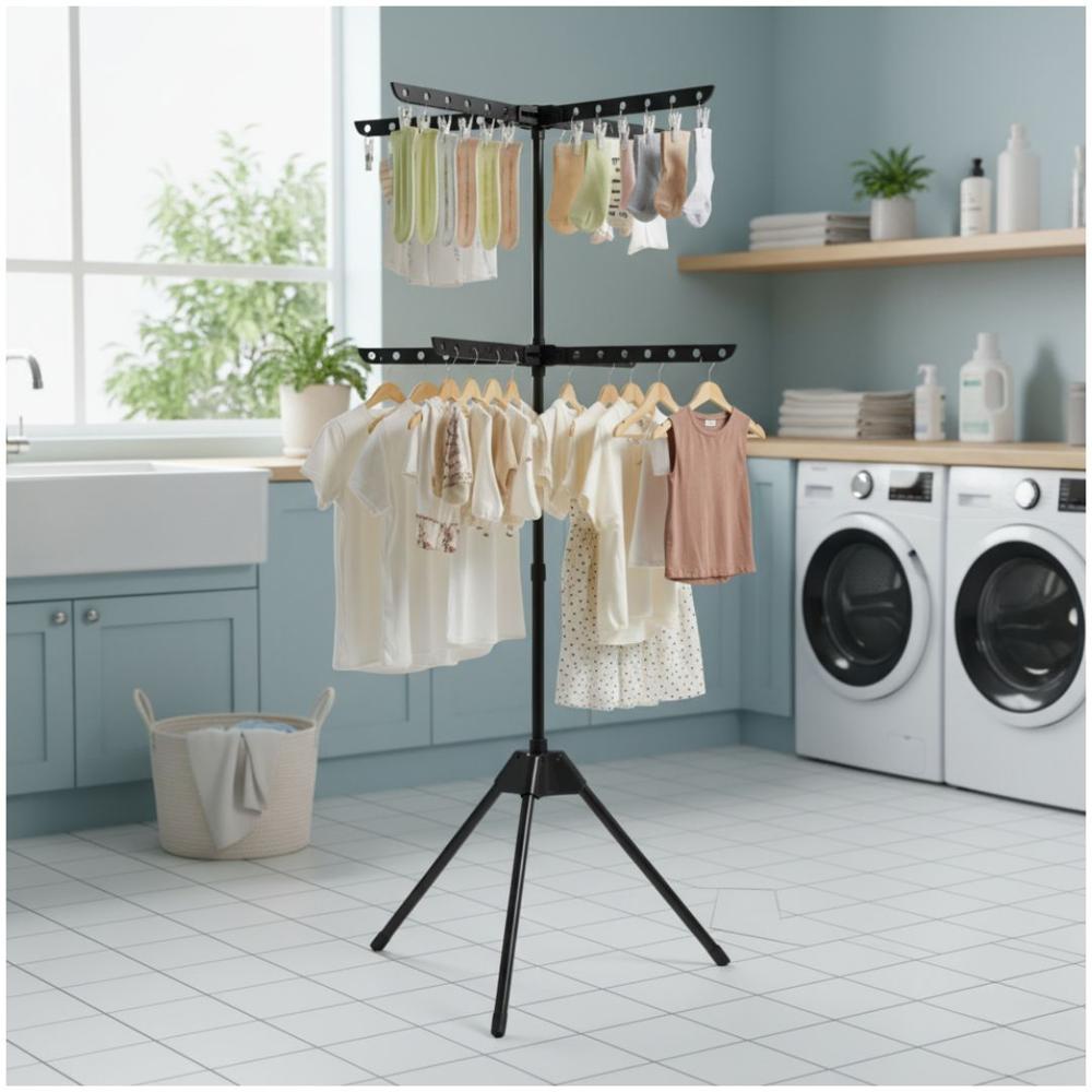 Tendedero de Ropa Vertical 2 Niveles Plegable Multifuncional Negro