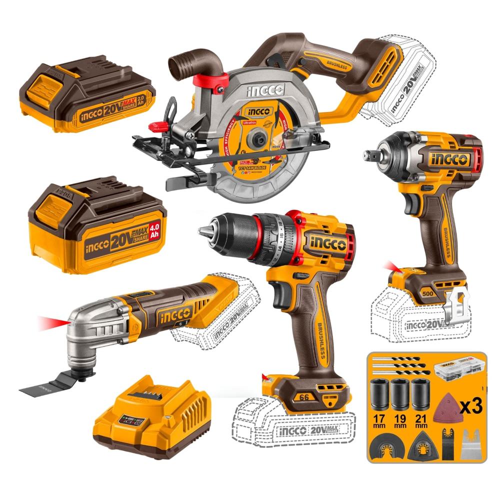 Taladro Percutor 66nm + Llave de Impacto 500nm + Sierra y Multi Herramienta Ingco COSLI241169