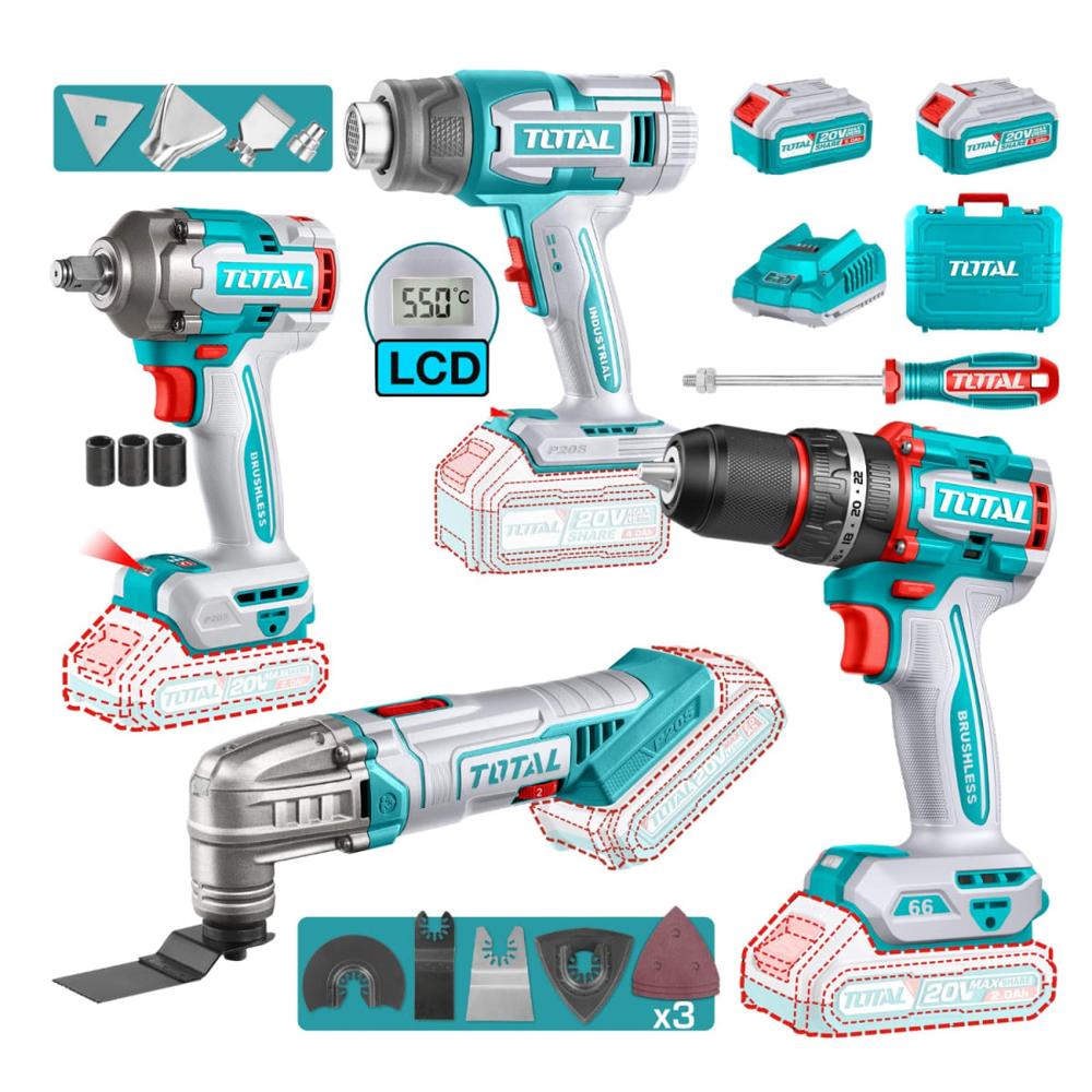 Taladro percutor  + Llave de impacto + Pistola de calor + Herrta. multifunción Total TOSLI240969