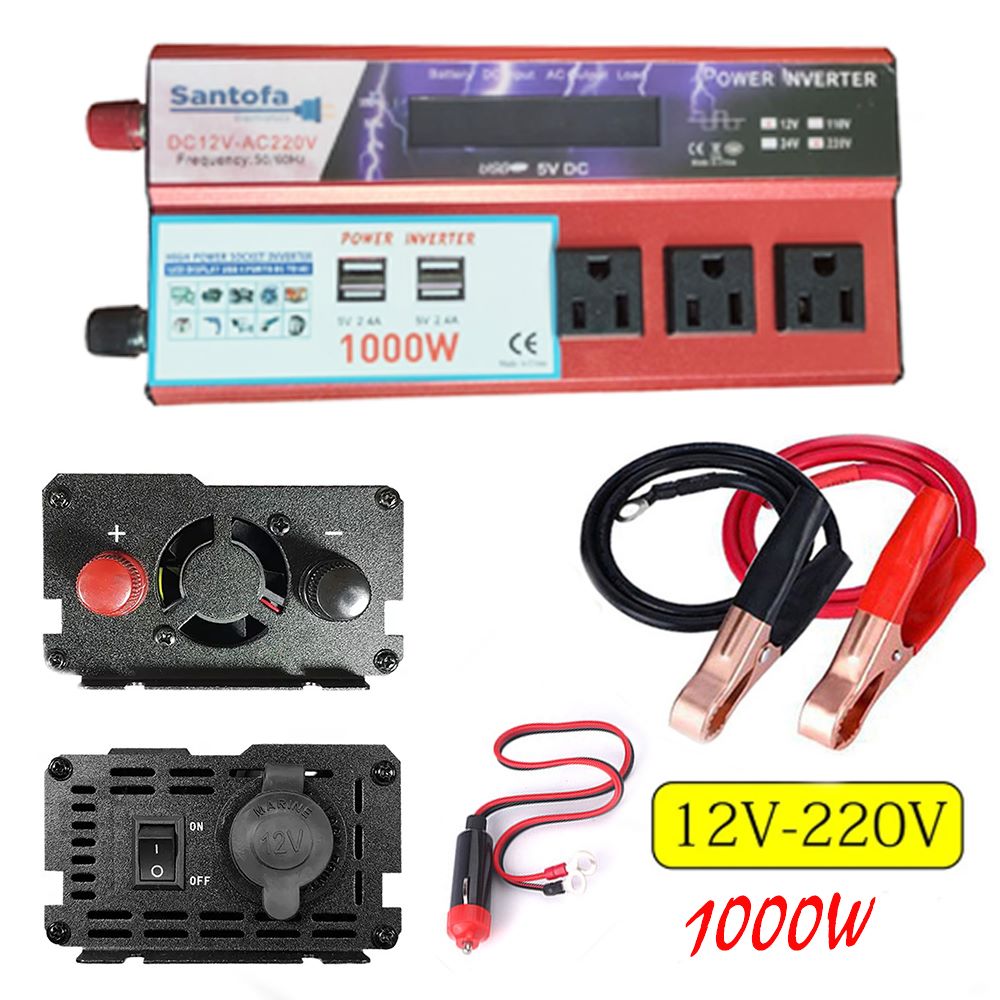 Inversor de Corriente 12v a 220v 1000w 4 USB 3 Sockets Pantalla LCD