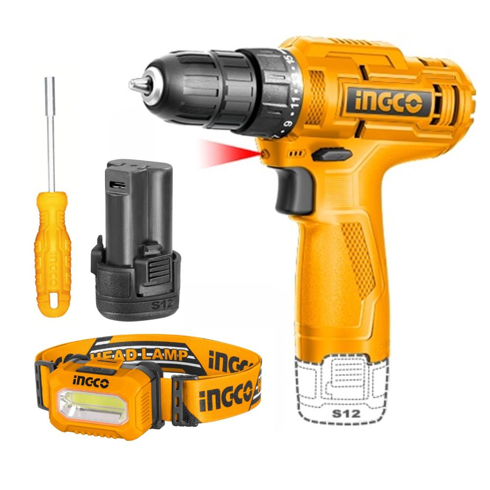 Kit Taladro 12v + Linterna + Destornillador con Puntillas Ingco COSLI23042