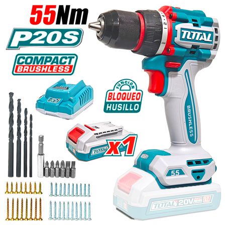 Taladro Atornillador Industrial 13mm Total TDLI205582 20V 55Nm 1Bat x 2Ah Brushless y Accesorios