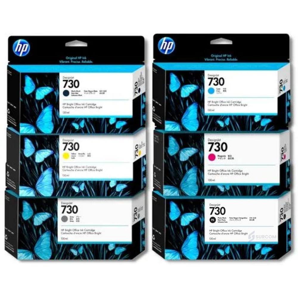 Kit Tinta HP 730 Cyan Magenta Amarillo Mate/Black Photo/Black Gris