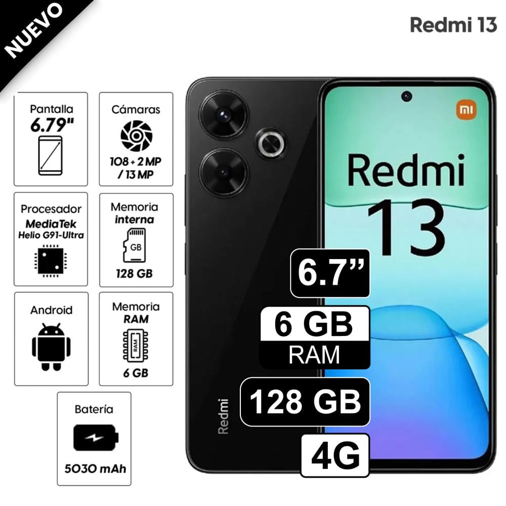 Celular Xiaomi Redmi 13 128GB, 6GB RAM, cámara principal 108MP + 2MP, frontal 13MP, 6.79"", negro