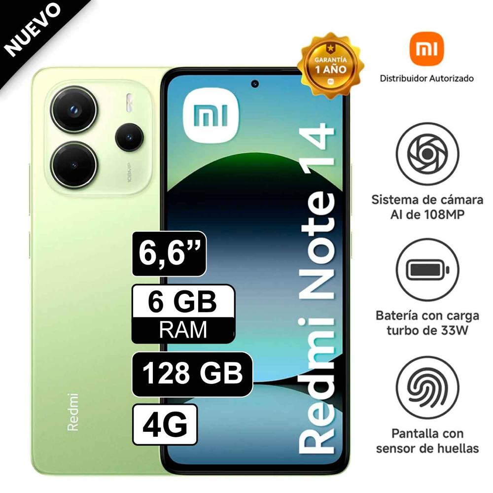 Celular Xiaomi Redmi Note 14 4G 128GB 6GB RAM cámara 108MP, cámara frontal 20MP, 6.6"" Pulg Verde