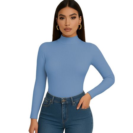 Polo Mujer Cafarena Manga Larga Rib Grueso Tic-13 Color Celeste Talla M