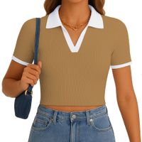 Polo Mujer Camisero Bicolor Manga Corta Rib Grueso New 710-13 Color Caramelo