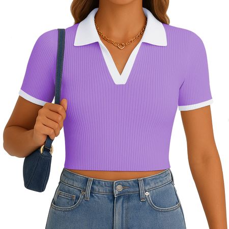 Polo Mujer Camisero Bicolor Manga Corta Rib Grueso New 710-13 Color Lila Talla S
