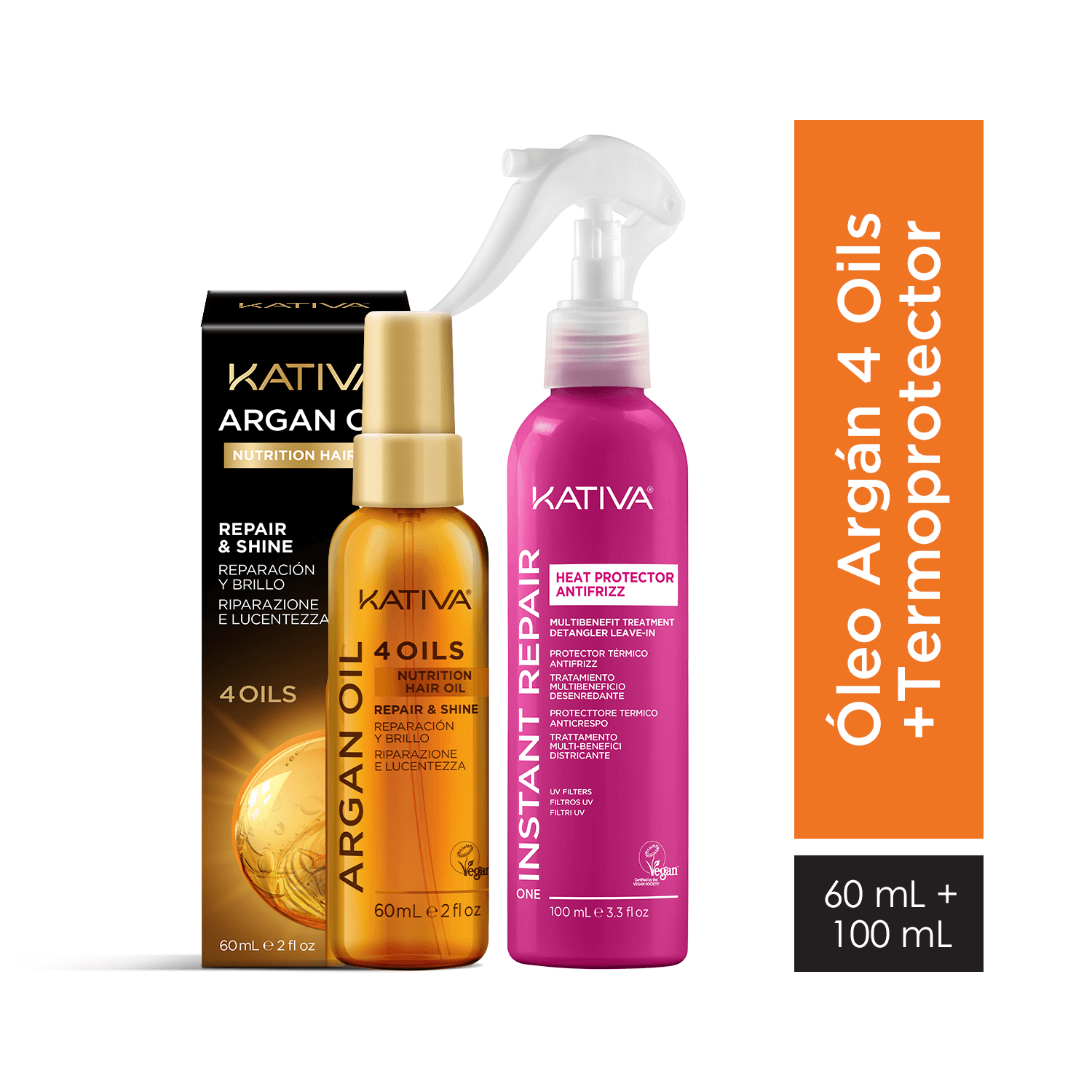 Pack Termoprotector KATIVA Antifrizz Caja 100ml + Óleo de Argán KATIVA Nutritivo Frasco 60ml