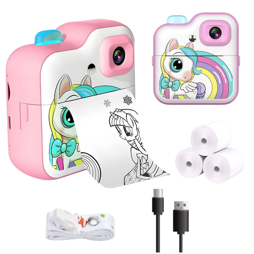 Cámara para Niños 1080p con Impresora Térmica Filtros Video HD y Diseño Unicornio Rosado