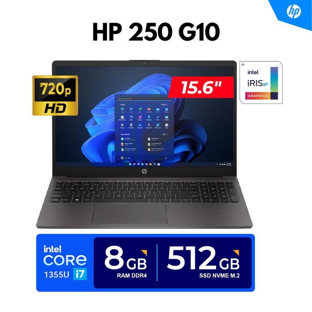 LAPTOP HP 250 G10  15.6 HD LED  Core i7-1355U 5.0GHz 10 Núcleos  8GB DDR4 512GB SSD FREEDOS
