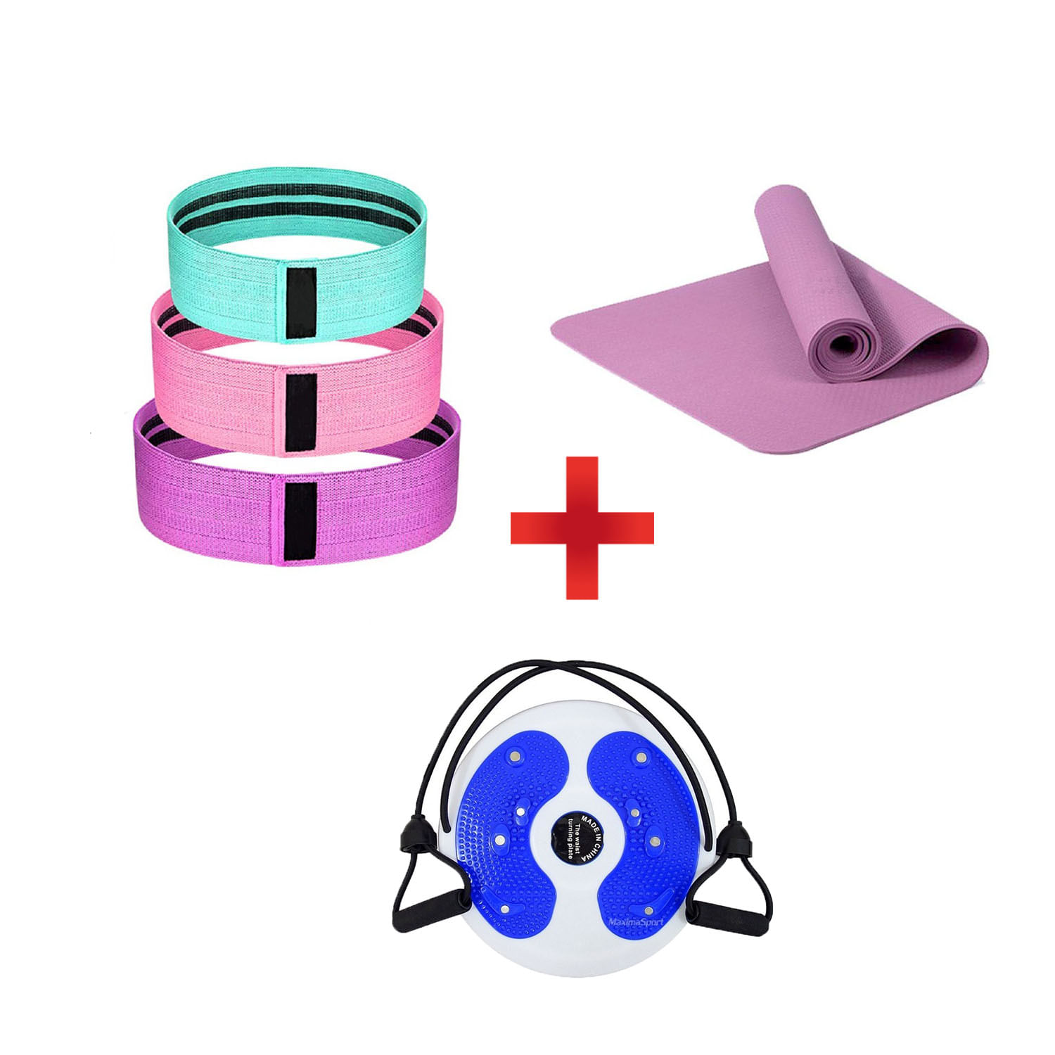 Combo Fitness Mat de Yoga 5mm + Disco Giratorio con Ligas +Bandas de Tela x 3 und