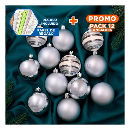 Pack12 Decoracion de Esferas a Rayas Plateado Y+Papel de Regalo