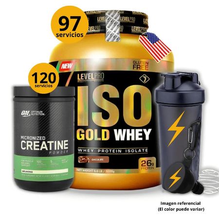 Proteína Iso gold whey de 3kg Chocolate - Creatina Optimum Nutrition de 600gr -regalos
