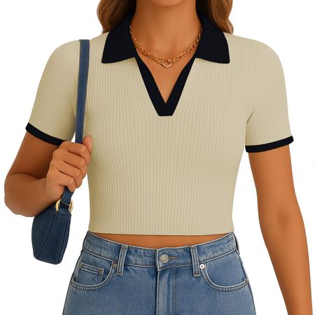 Polo Mujer Camisero Bicolor Manga Corta Rib Grueso New 710-13 Color Beige Talla XS