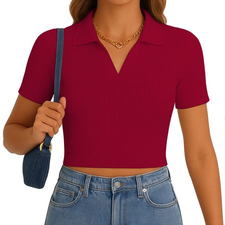 Polo Mujer Camisero Manga Corta New 710-13 Rib Grueso Color Vino Talla S