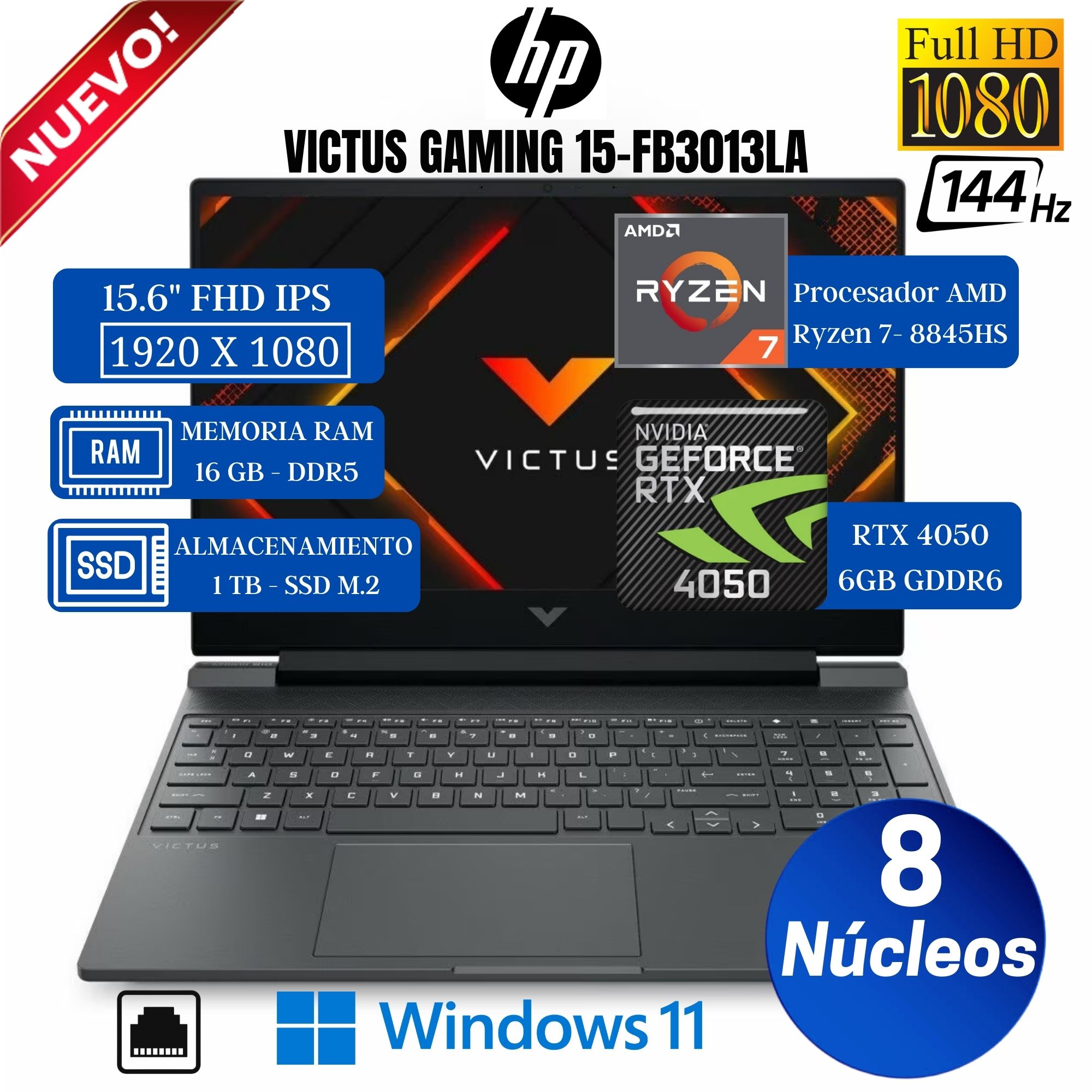 Laptop HP Victus 15-FB3013la 15.6 FHD IPS. RYZEN 7-8845HS. Ram 16GB. Ssd 1 TB. Rtx 4050. Win 11