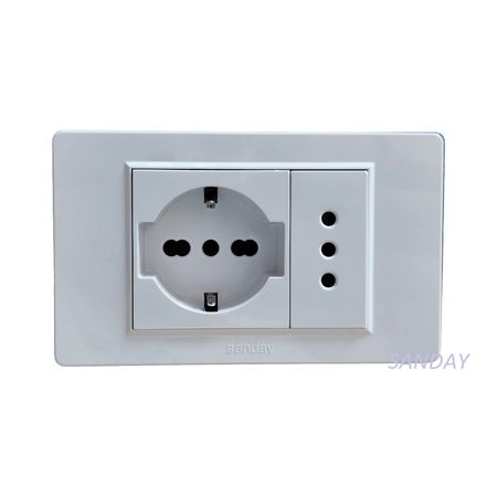 TOMACORRIENTE DOBLE 01 SCHUKO Y 01 3 EN LINEA PLACA BLANCA Y DADOS BLANCOS SANDAY
