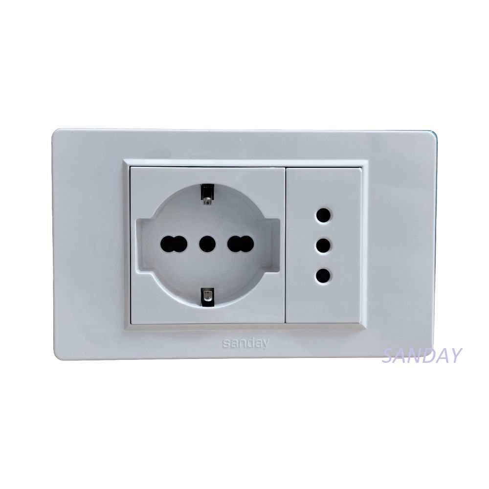 TOMACORRIENTE DOBLE 01 SCHUKO Y 01 3 EN LINEA PLACA BLANCA Y DADOS BLANCOS SANDAY