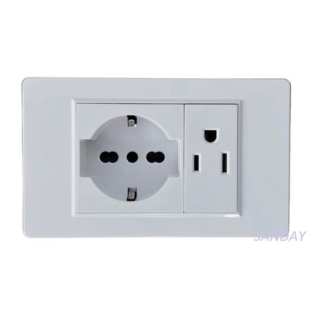 TOMACORRIENTE DOBLE 01 SCHUKO Y 01 AMERICANO CON TIERRA PLACA BLANCA Y DADOS BLANCOS SANDAY